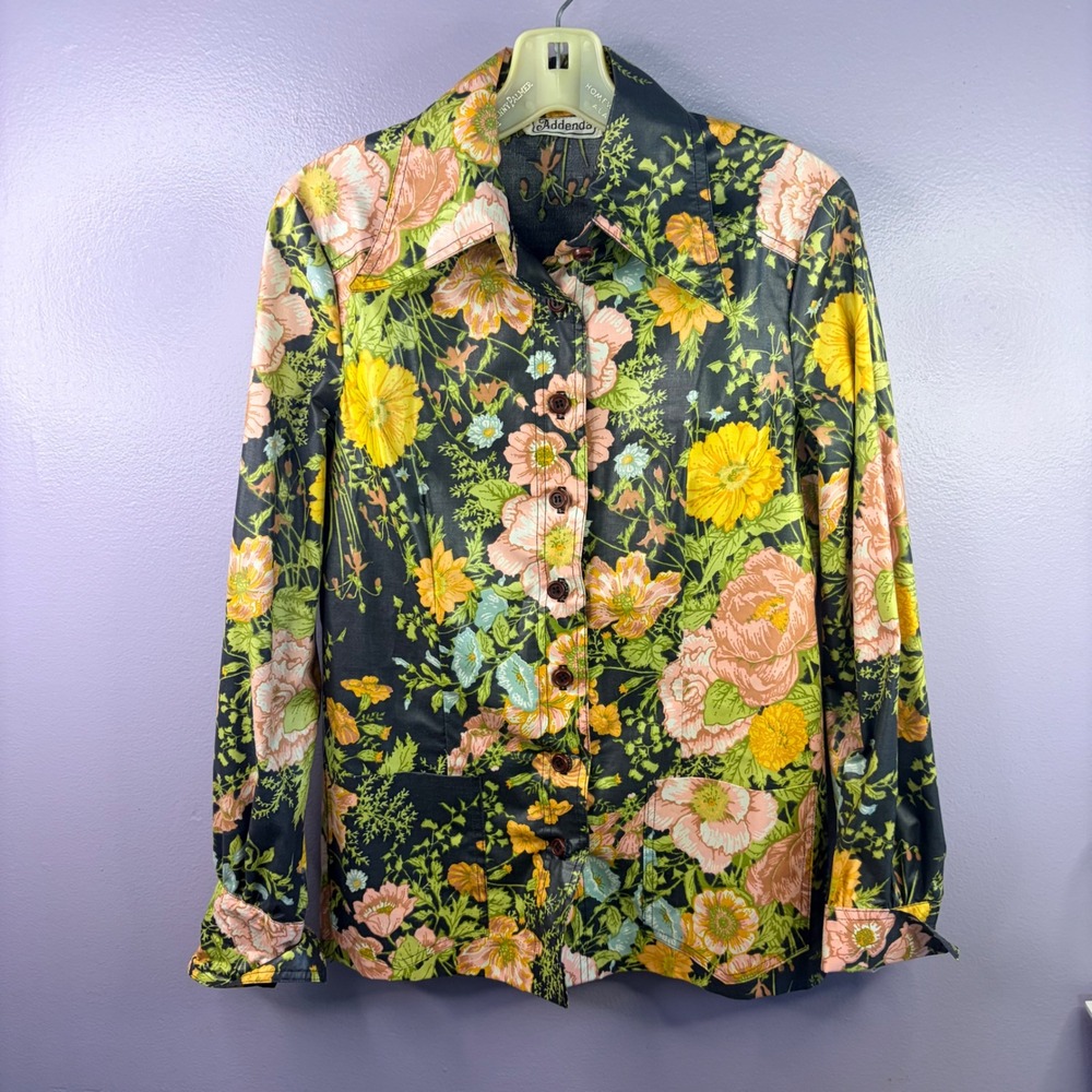 Vtg 60s 70s Floral Button Up Shirt Retro Union Made Black Yellow Pink Blouse